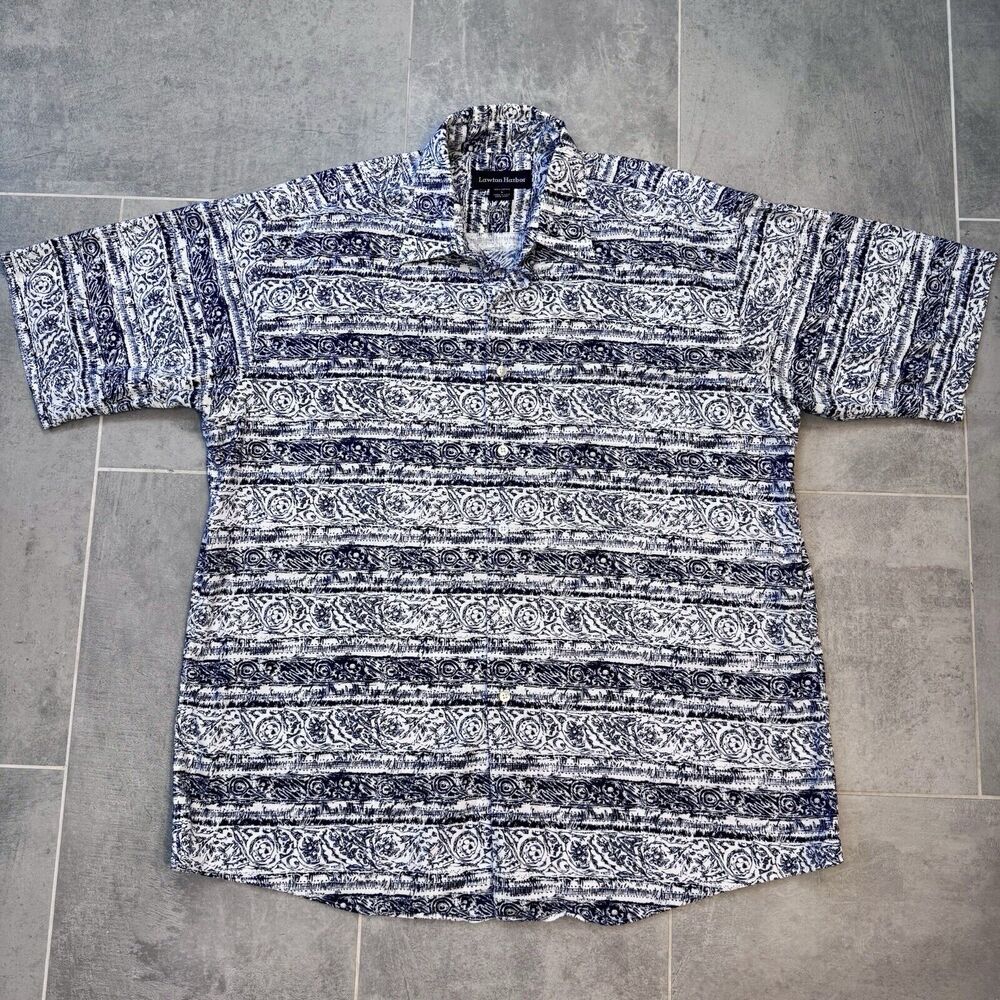 Lawton Harbor S/S 100% Cotton Men’s Large Blue White Camp Shirt Made in USA